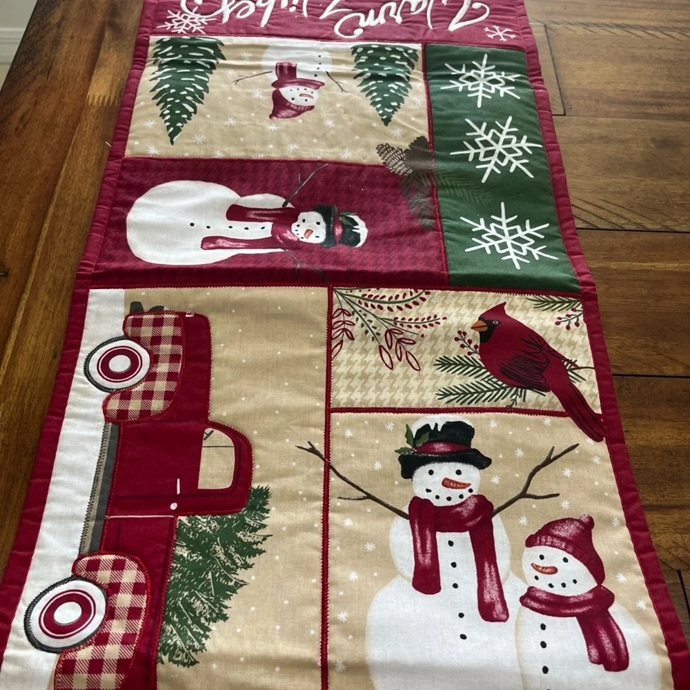 St. Nicholas Square‎ Patchwork Snowman Red Truck Snow Table Runner 13 x 36